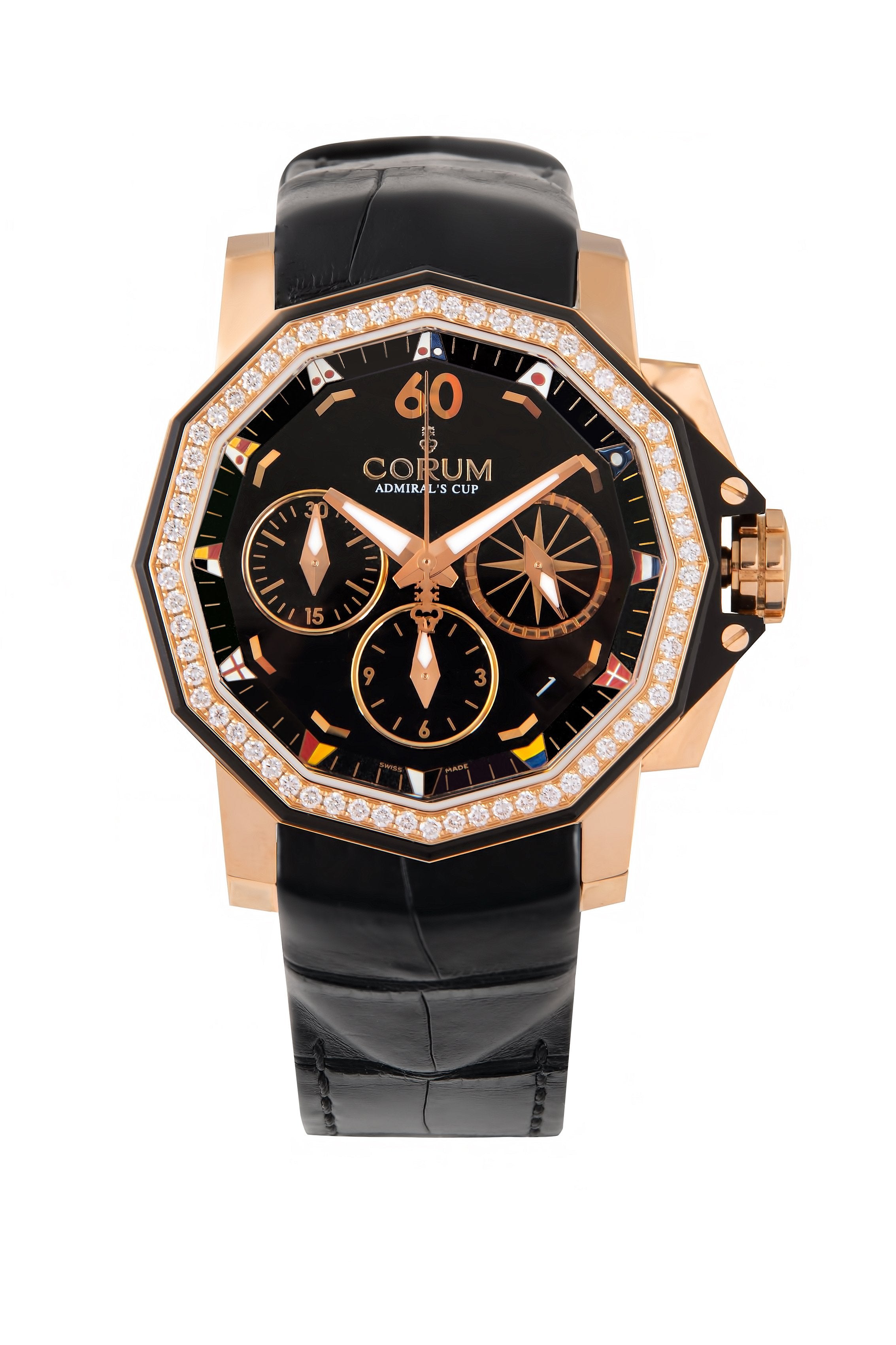 Corum Admirals Chronograph 18K Rose Gold Ceramic Diamonds Lady s Watch