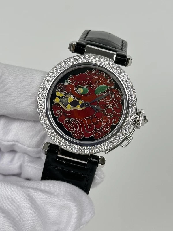 Cartier Pasha Cloisonne Enamel 18K White Gold & Diamonds Lady's Watch