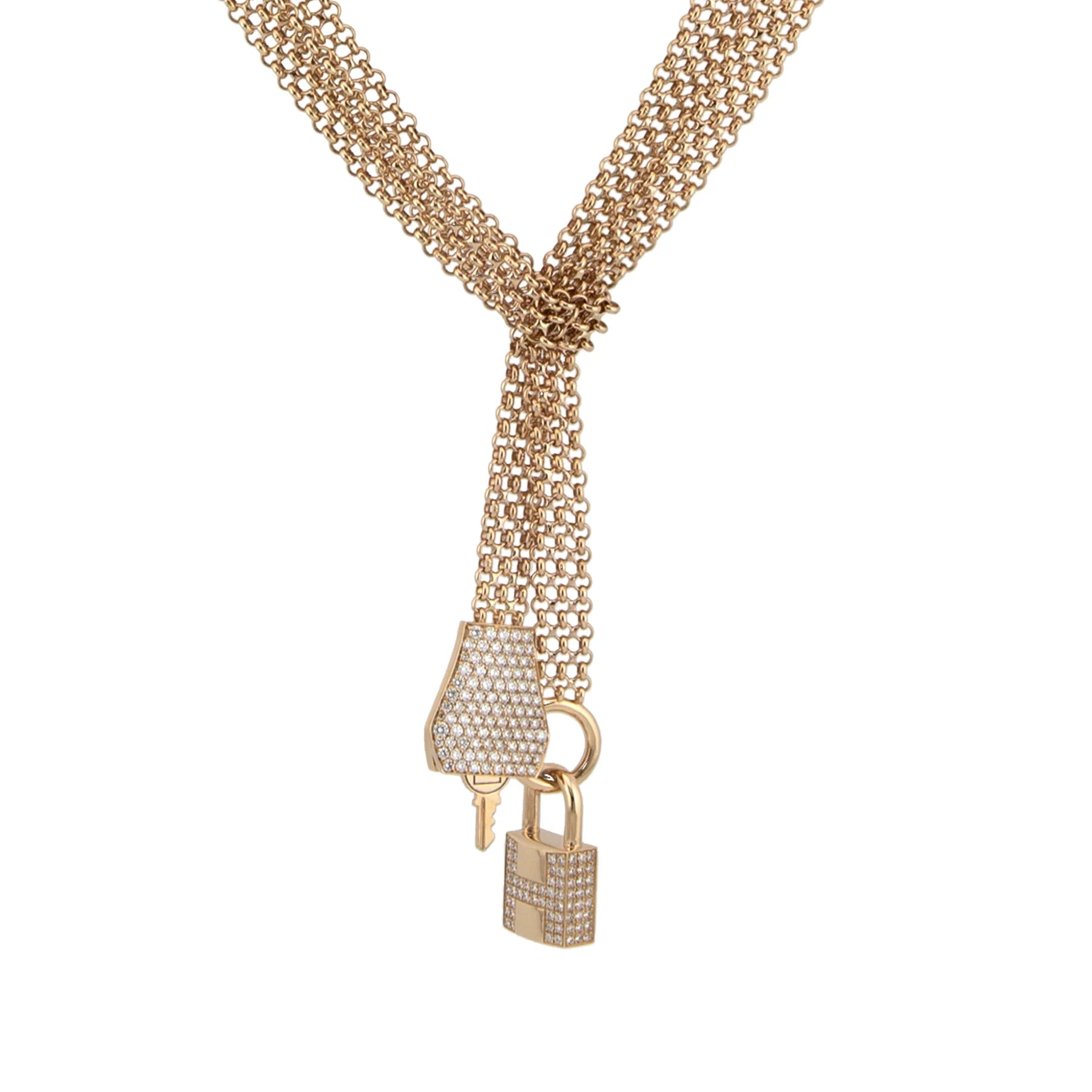Hermes 18K Rose Gold Pave Diamond GM Collier Kelly Clochette