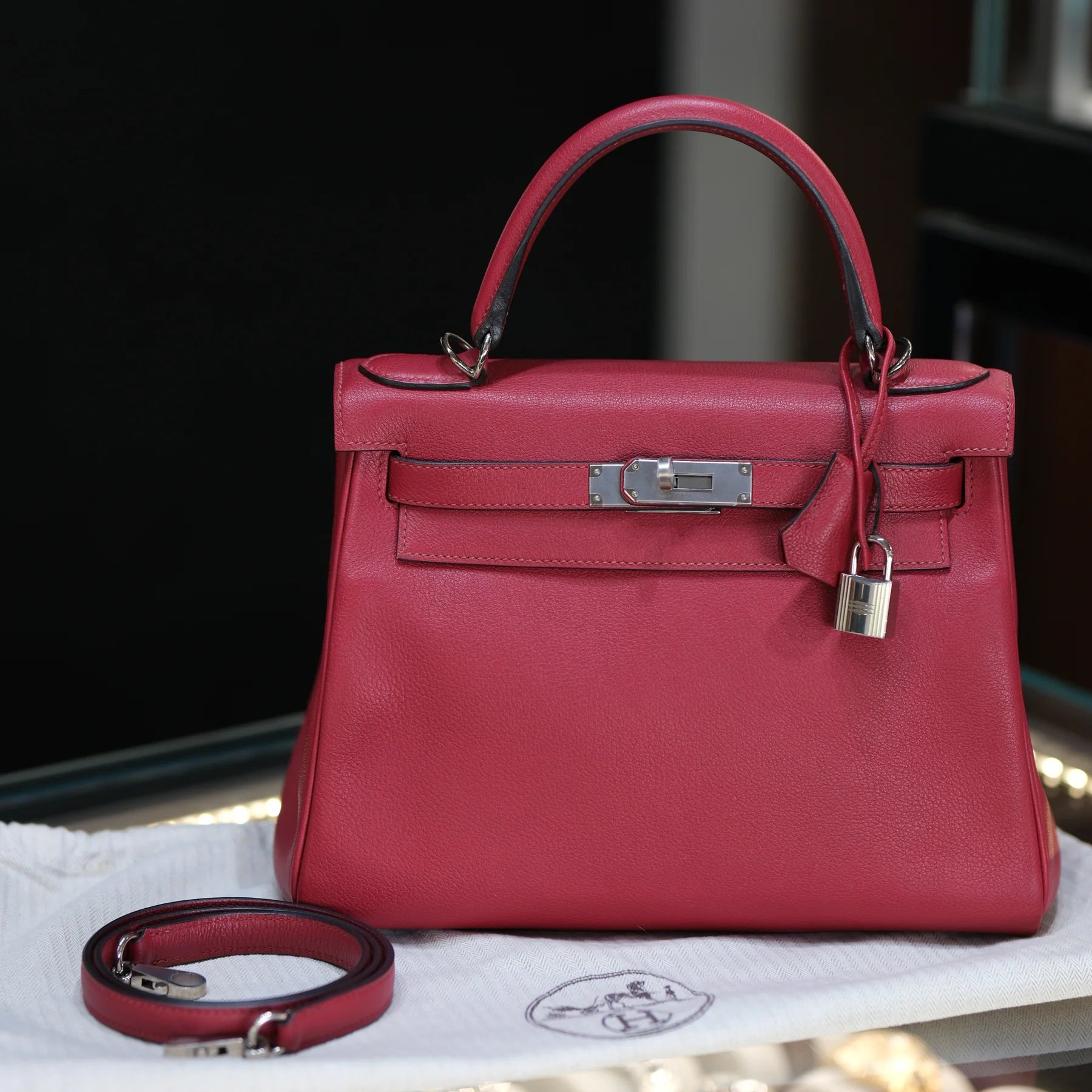 Hermes Kelly 28 Retourne Rubis Evergrain with Palladium Hardware Bag