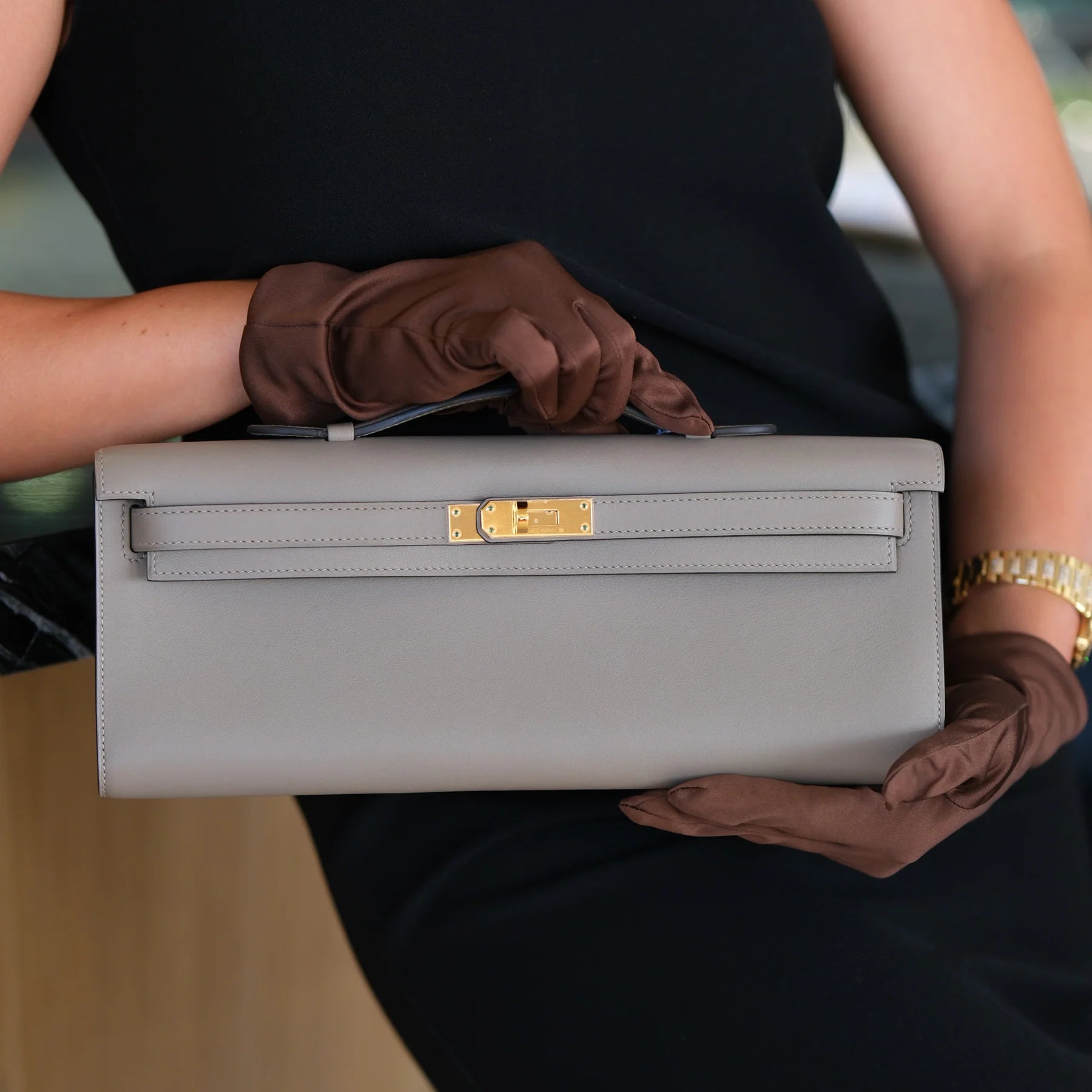 Hermes Kelly Cut Gris Asphalt Swift with Gold Hardware Bag