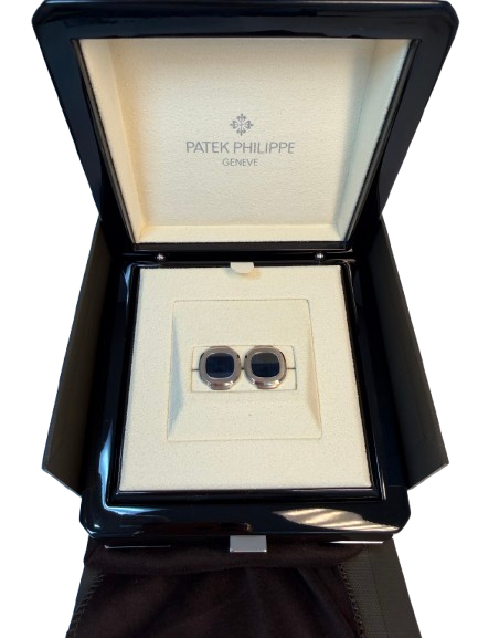 Patek Philippe Nautilus 18K White Gold Cufflinks with Sapphire Crystal Blue Center