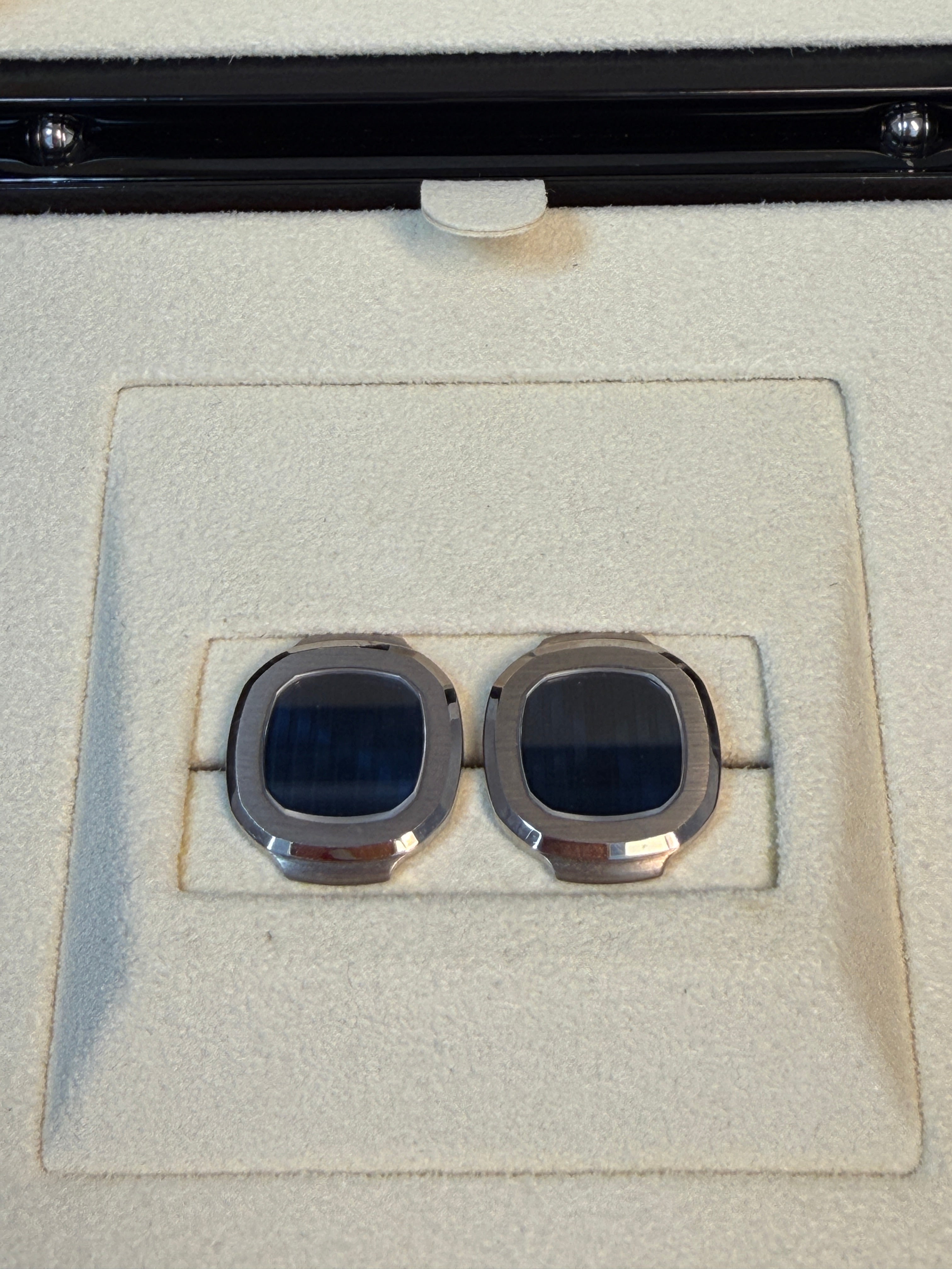 Patek Philippe Nautilus 18K White Gold Cufflinks with Sapphire Crystal Blue Center