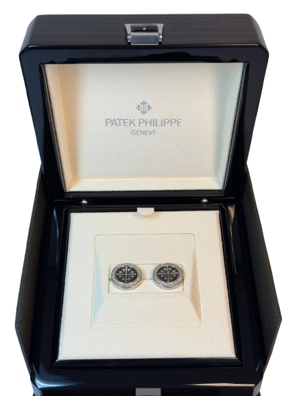 Patek Philippe Calatrava 18K White Gold Cufflinks with Onyx and 60 White Diamonds