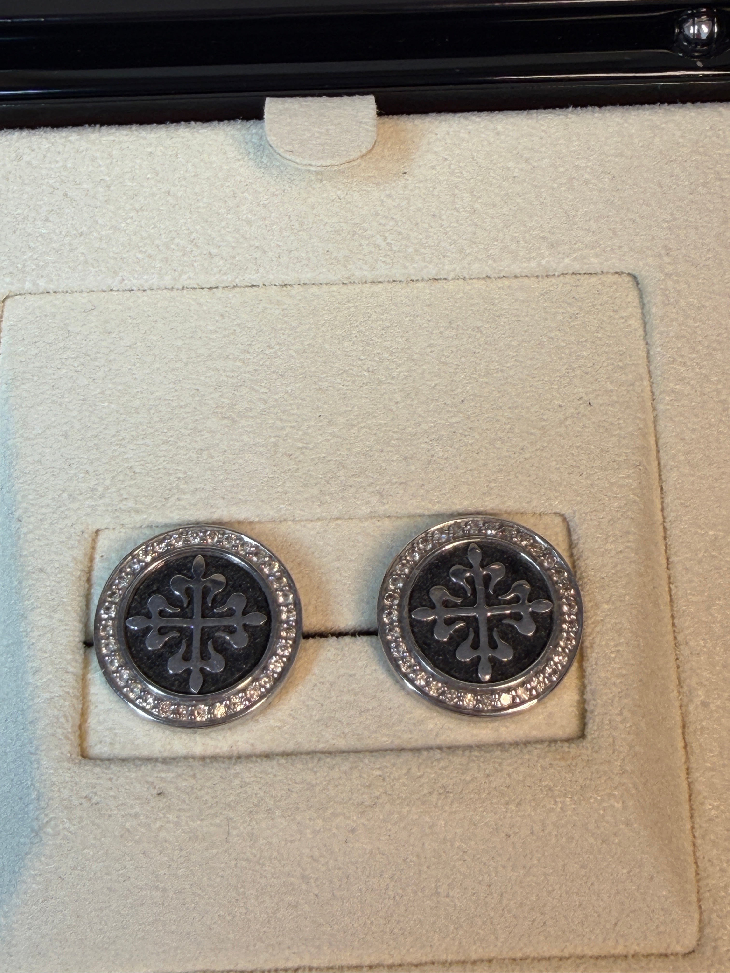 Patek Philippe Calatrava 18K White Gold Cufflinks with Onyx and 60 White Diamonds