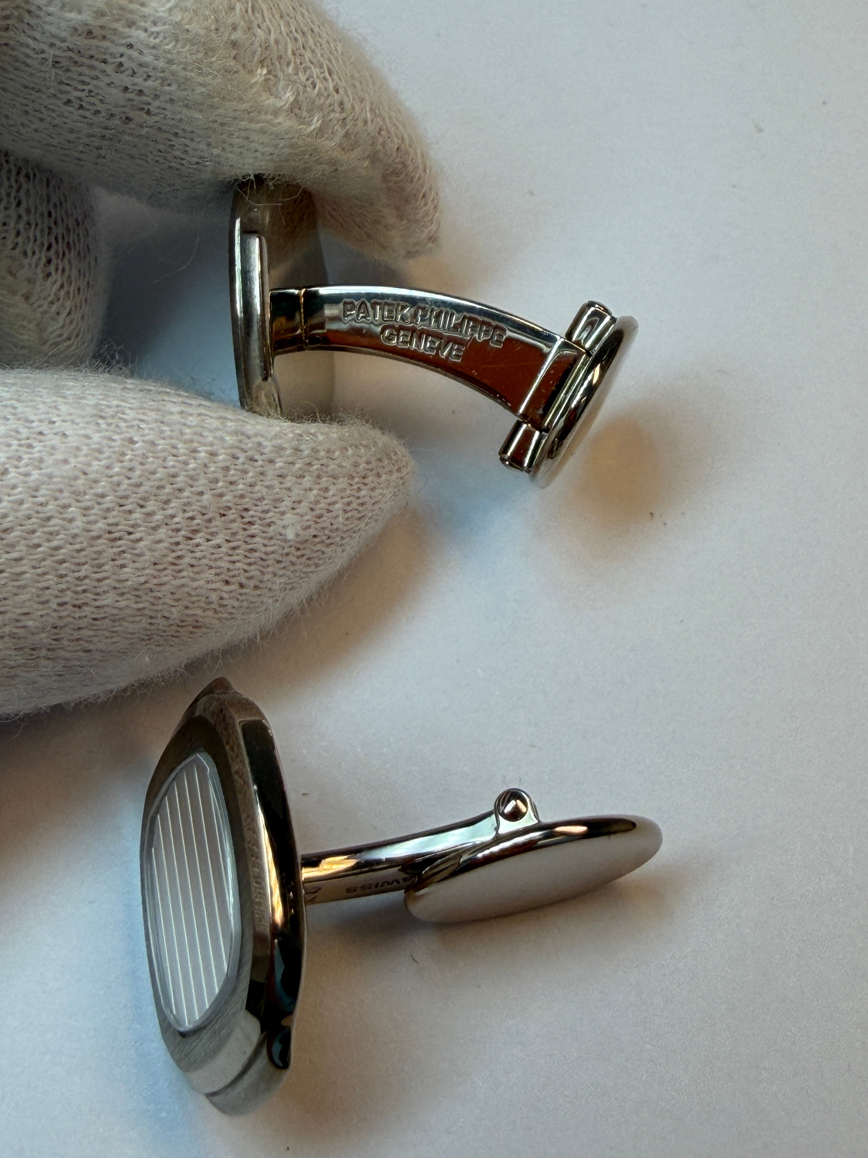 Patek Philippe Nautilus 18K White Gold Cufflinks with Silvery-White Center