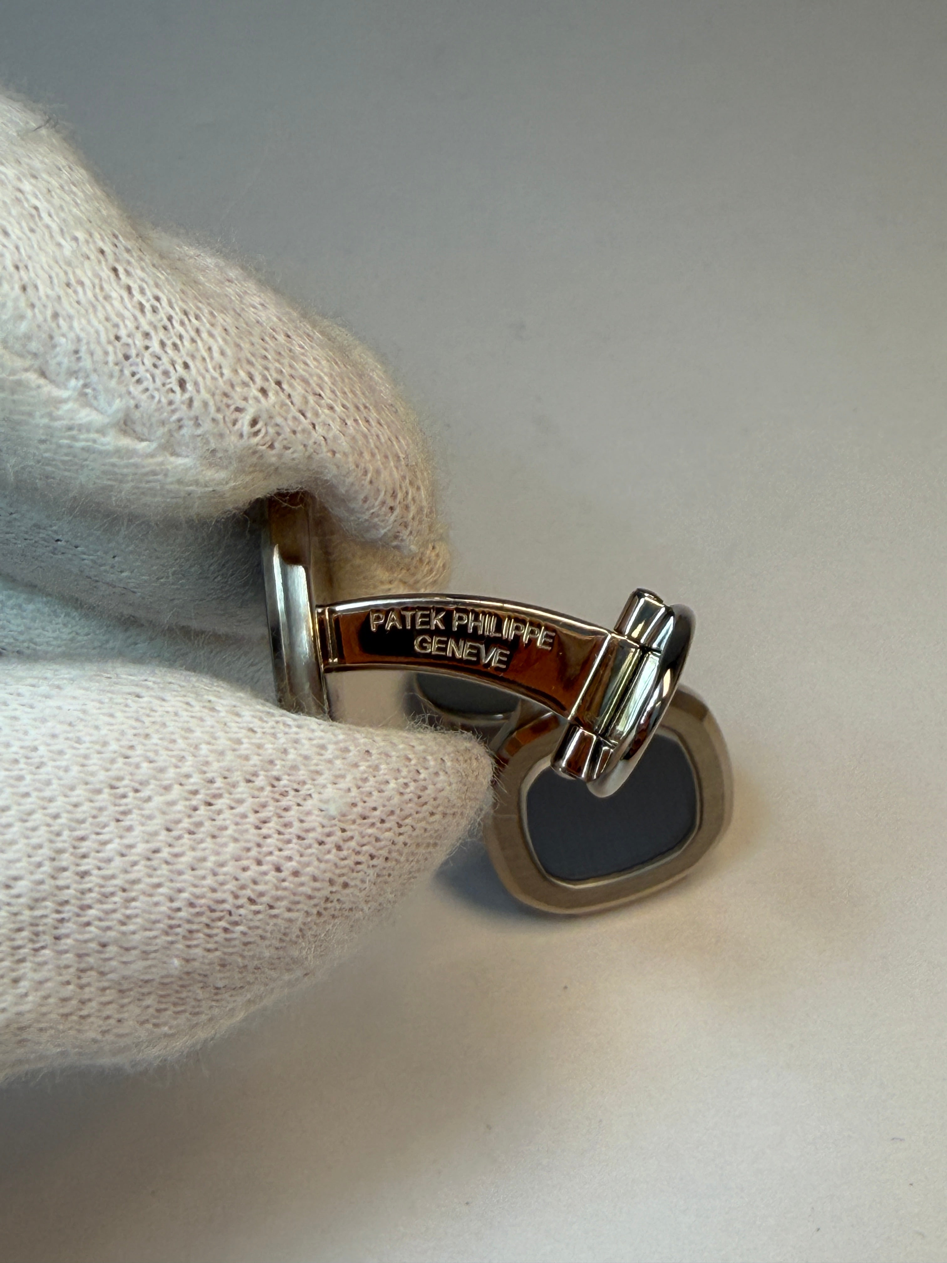 Patek Philippe Nautilus 18K White Gold Cufflinks with Sapphire Crystal Blue Center