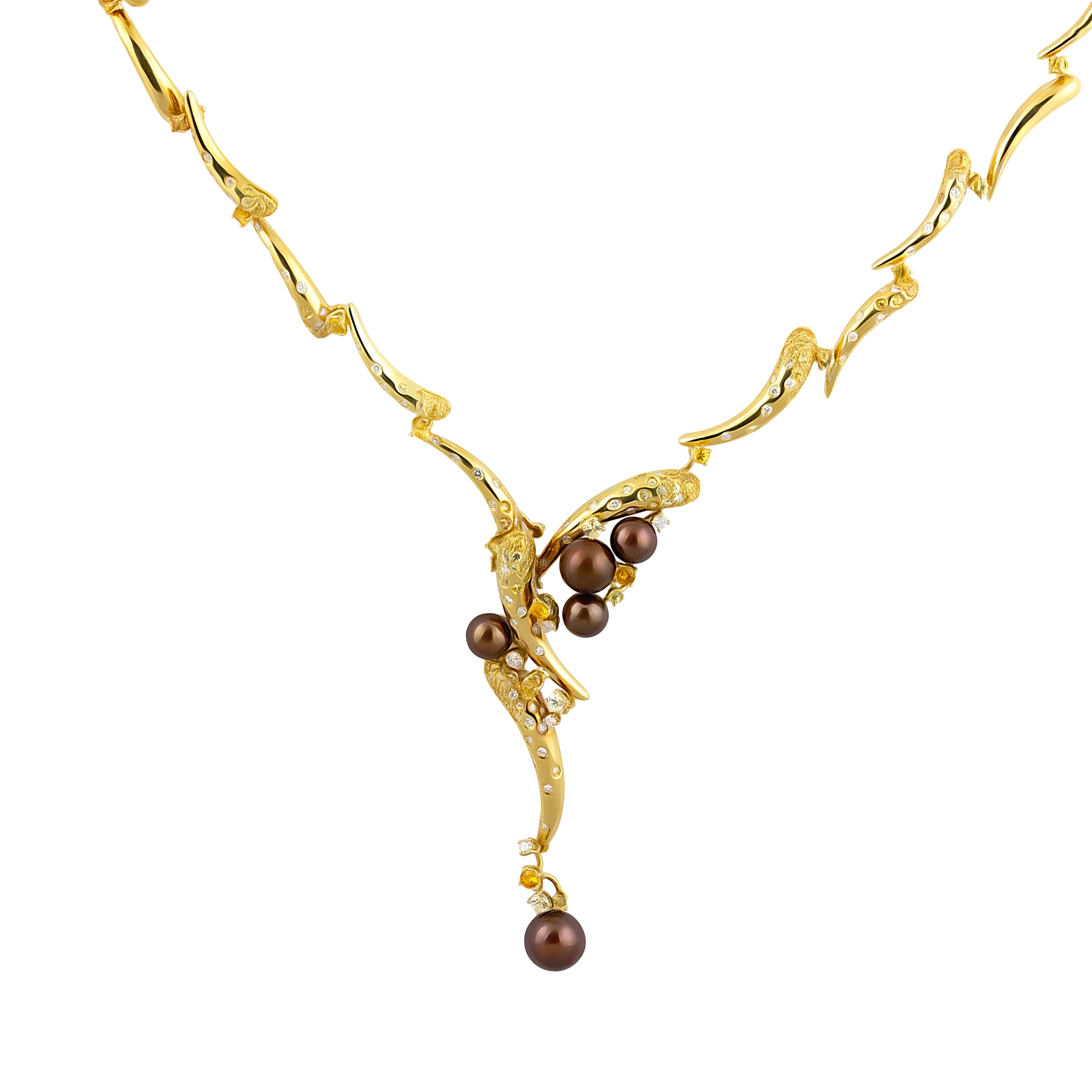 Stefan Hafner 18K Yellow Gold Chocolate Pearl & Diamond & Sapphire Necklace
