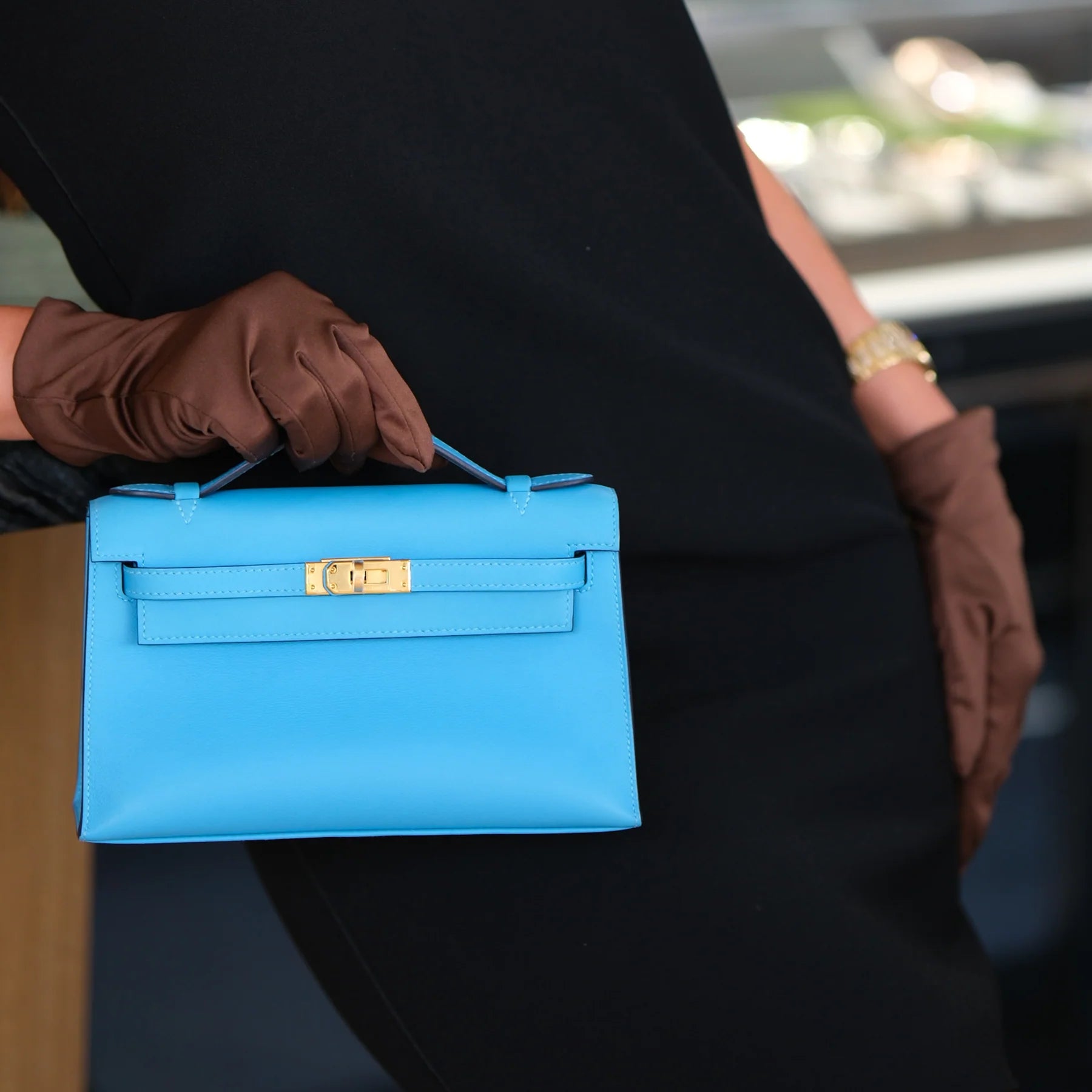 Hermes Kelly Pochette Celeste Swift with Gold Hardware Bag