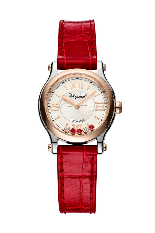 Chopard Happy Sport Stainlees steel and18K Rose Gold & Diamonds and RUBIES Ladies Watch