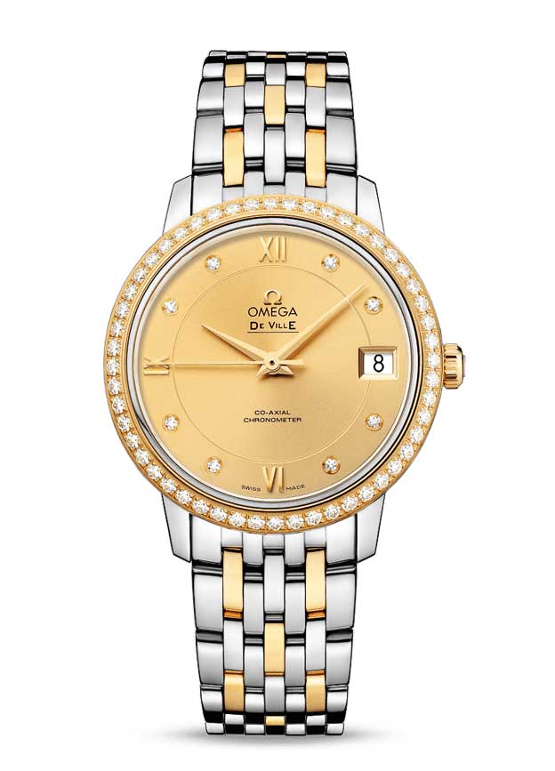 Omega De Vile Prestige Co-Axial Stainless Steel & 18K Yellow Gold & Diamonds Ladies Watch