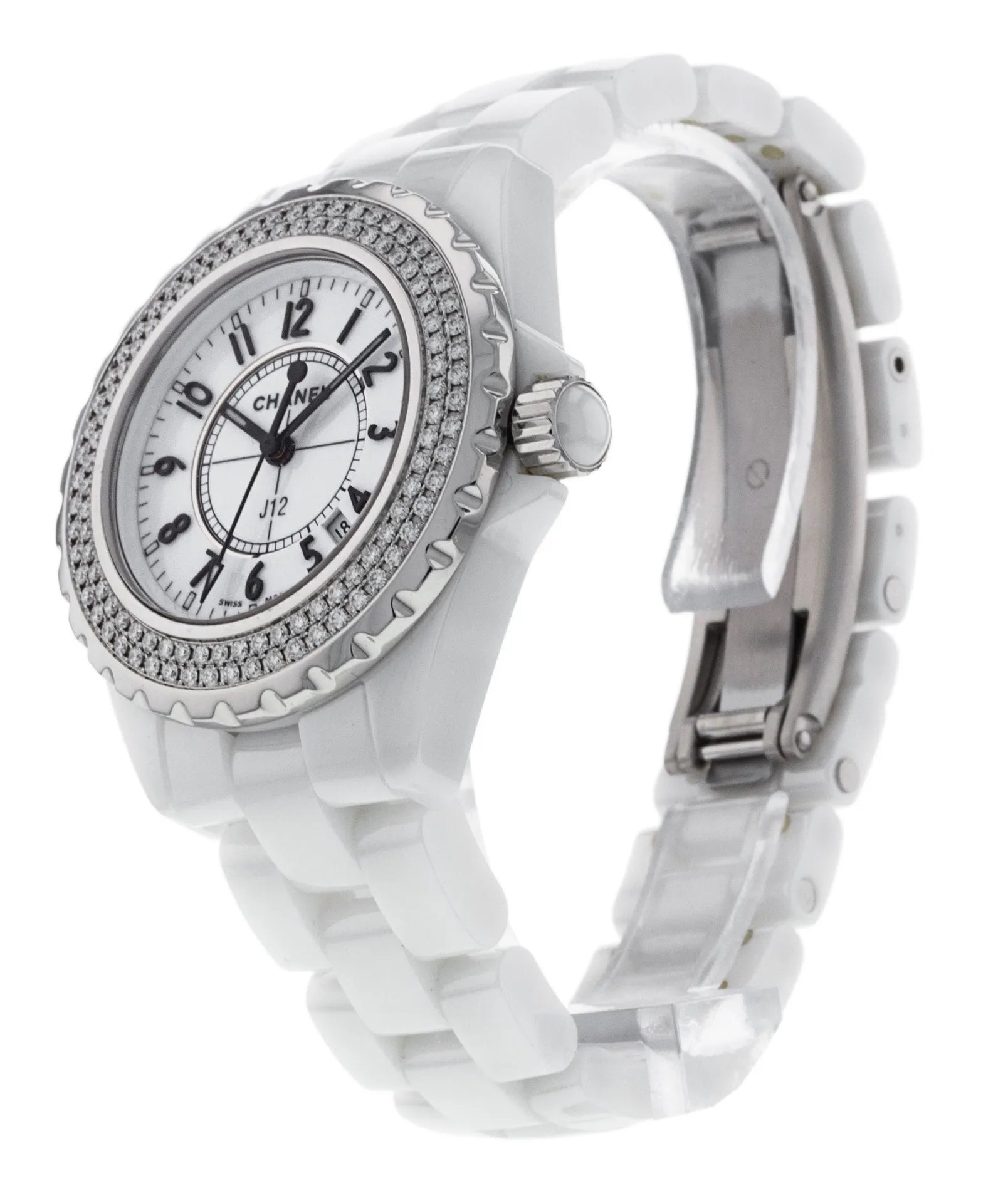 Chanel Watch Ladies J12 Diamond Date Quartz Ceramic Stainless for $3,758  for sale from a Trusted Seller on Chrono24