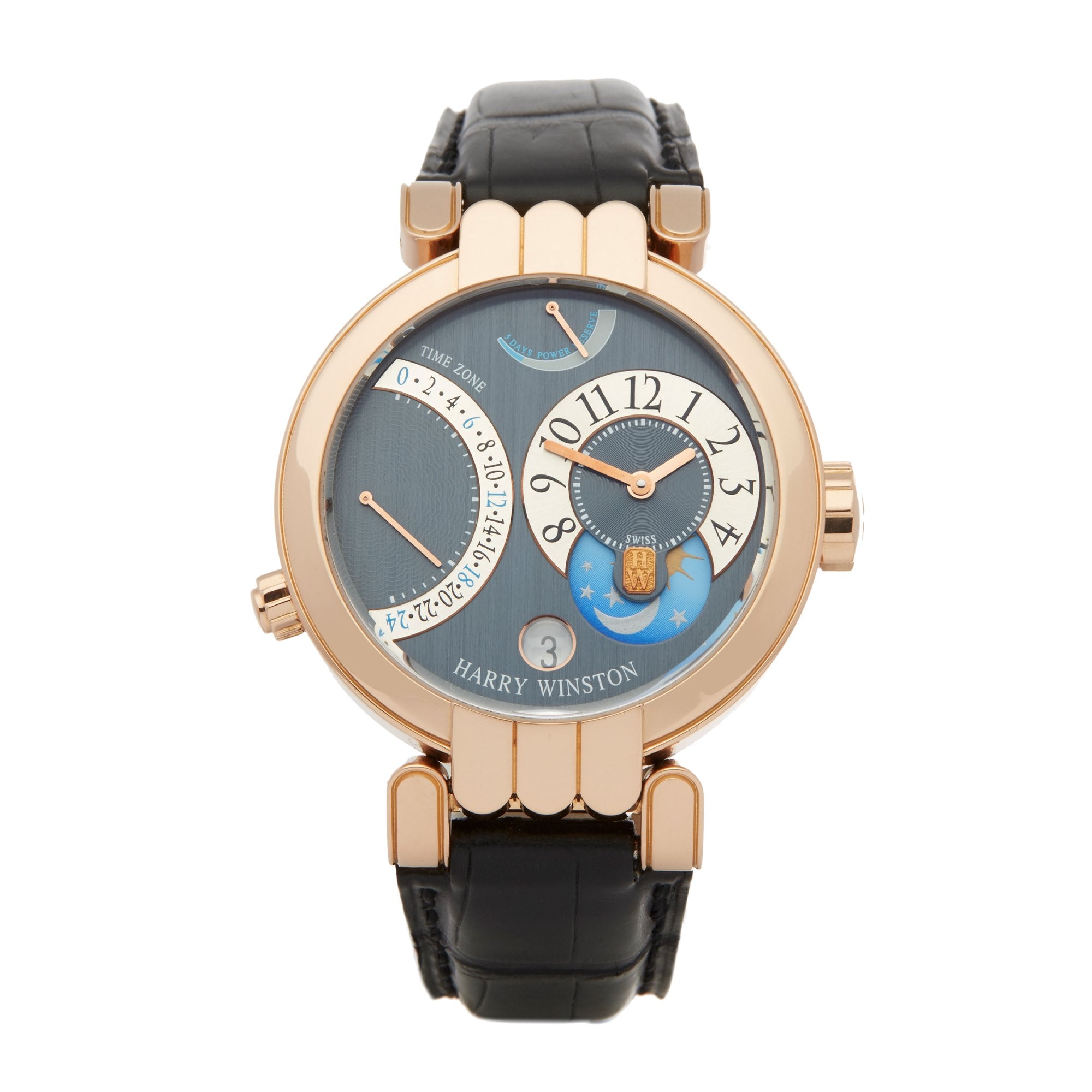 Harry Winston Premier Excenter Time Zone 18K Rose Gold Mens Watch